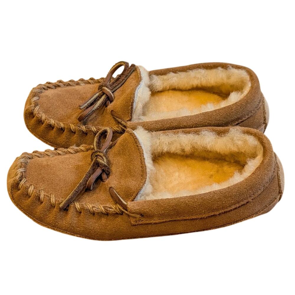 L.L. Bean 296248 Wicked Slipper Brown Suede Slippers Moc Toe Shearling Kids 11